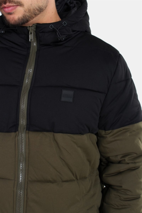 Urban Classics Hooded 2-Tone Puffer Kurtki Dark Olive/Black