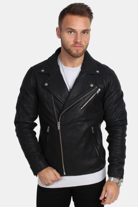 Selected Scott Læder Biker Kurtki Camp Black