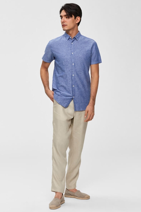 Selected Slim Linen Koszule SS Classic Medium Blue Melange