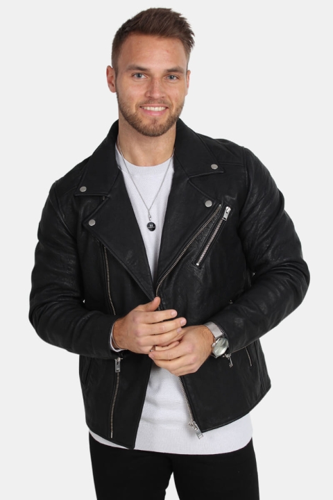 Selected Scott Læder Biker Kurtki Camp Black