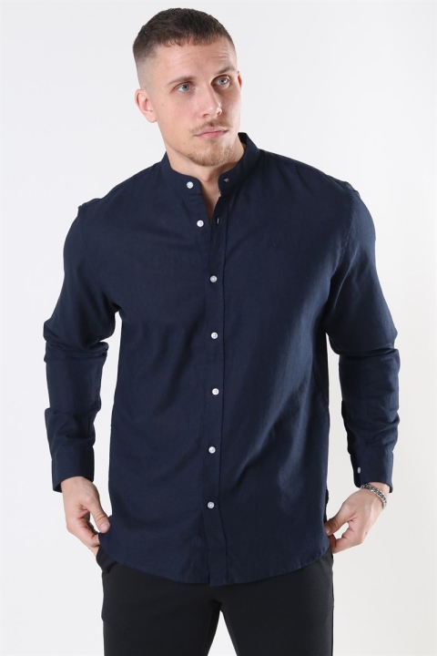 Clean Cut Cotton Linen Mao Koszule Navy