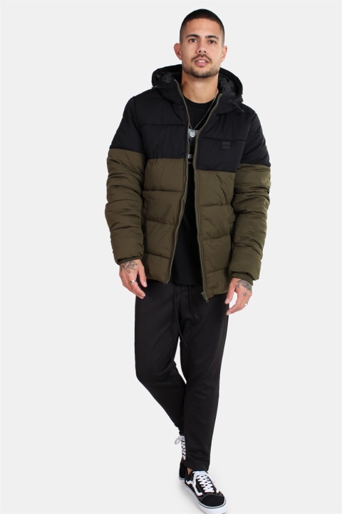 Urban Classics Hooded 2-Tone Puffer Kurtki Dark Olive/Black
