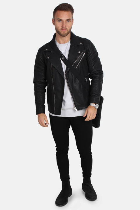 Selected Scott Læder Biker Kurtki Camp Black