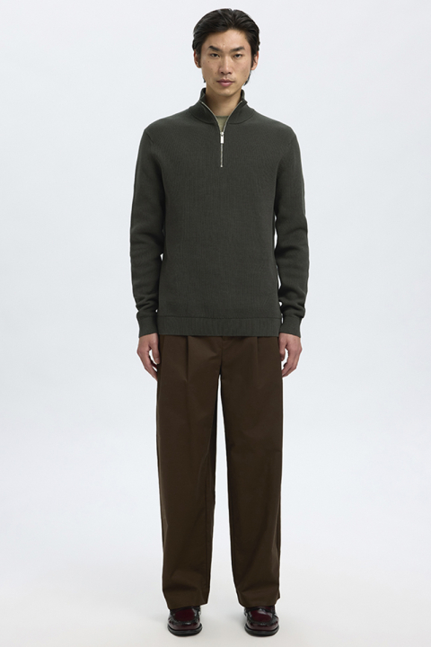 Selected Dane LS Structure Knit Kalf Zip Deep Forest