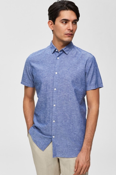 Selected Slim Linen Koszule SS Classic Medium Blue Melange