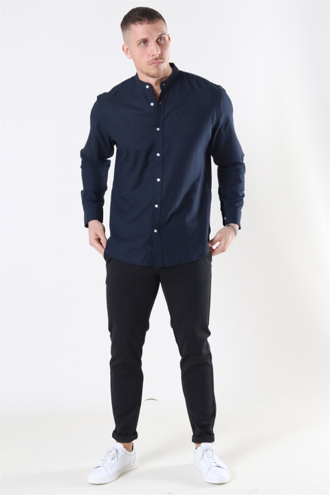 Clean Cut Cotton Linen Mao Koszule Navy