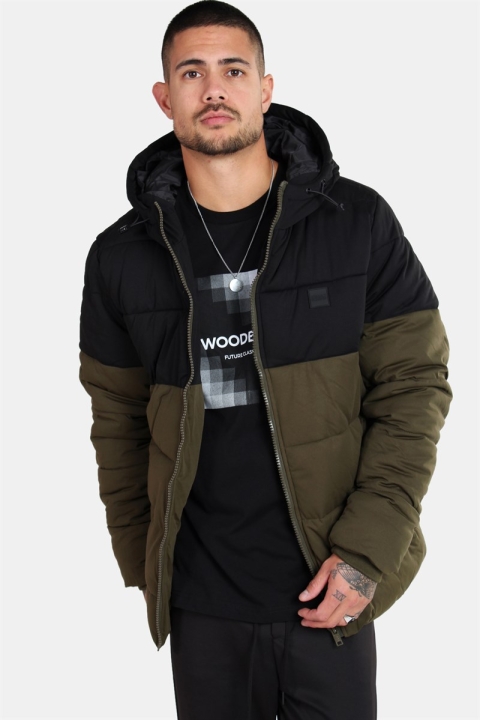Urban Classics Hooded 2-Tone Puffer Kurtki Dark Olive/Black