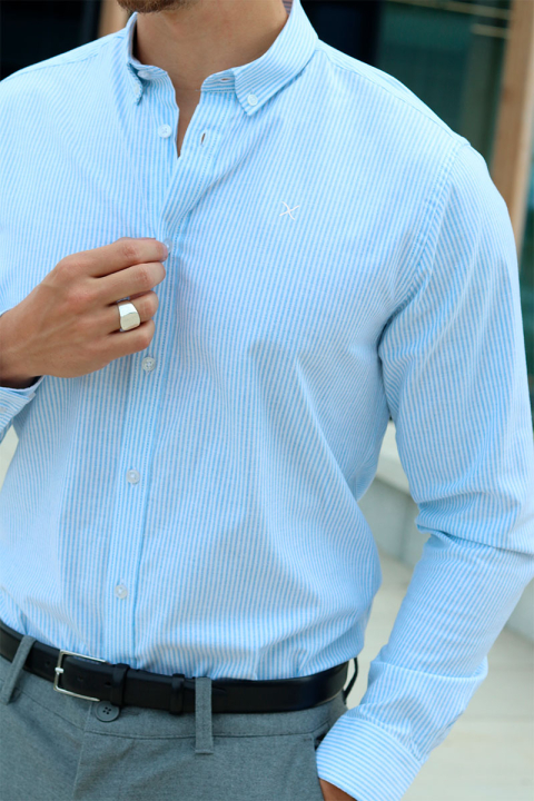 Clean Cut Copenhagen Oxford Stretch Stripe L/S Light Blue