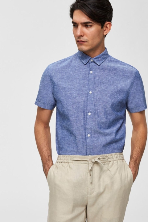 Selected Slim Linen Koszule SS Classic Medium Blue Melange